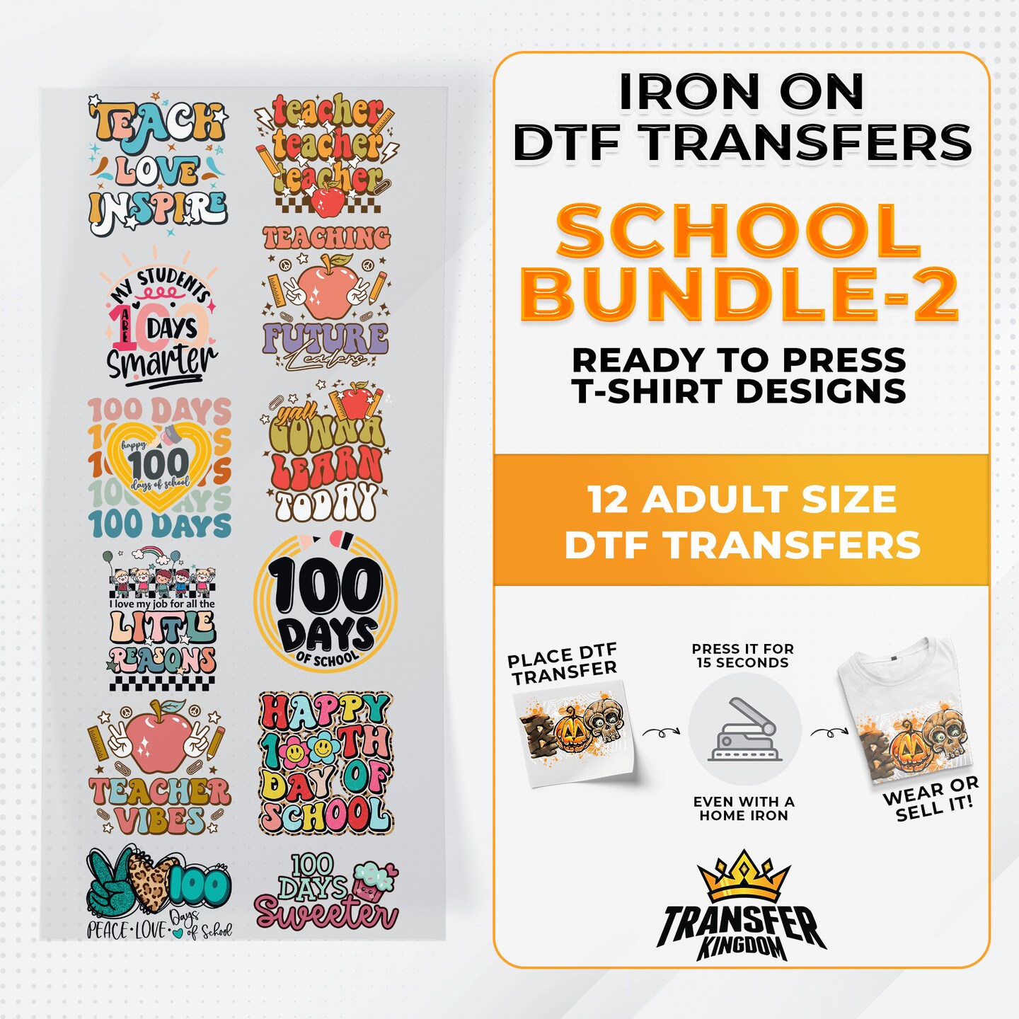 School Bundle Iron on DTF Transfer Bundle 2 - 12 Best Seller Ready To Press T-shirt Designs