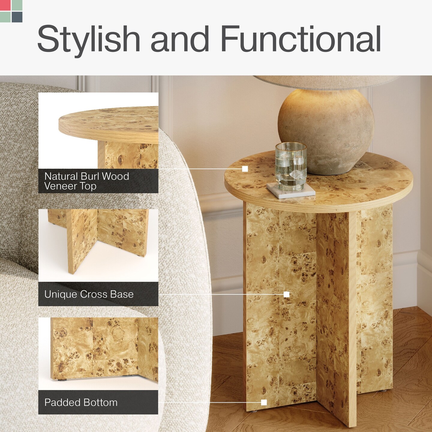 Round Burl Wood Side Table - Modern Home, Bedroom, and Living Room Furniture - Wooden Nightstand - 16 Inch End Desk - Small Wooden Accent Table - Solid Base and Wood Grain Veneer Finish (Burl)