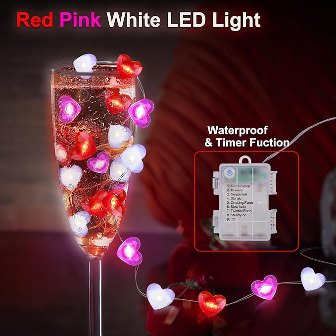 Valentines Day Decor 10FT 30 LED Valentine&#x27;s Day Lights with Timer, Red Pink White Heart Lights String Battery Operated, 8 Modes Valentines Decorations Heart Fairy Lights Romantic Decor Home Bedroom