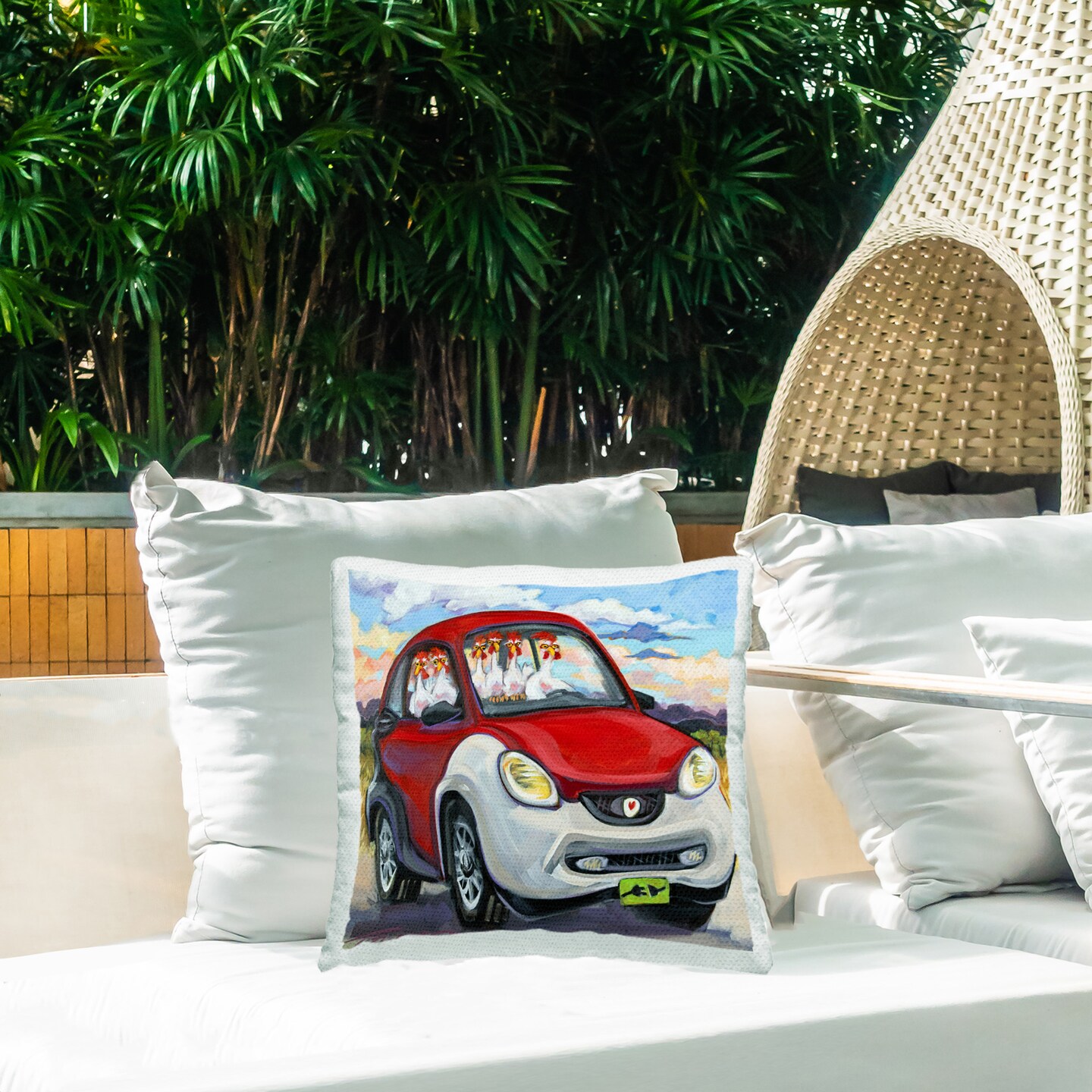 Road Trip Chickens Design by CR Townsend Outdoor Printed Pillow