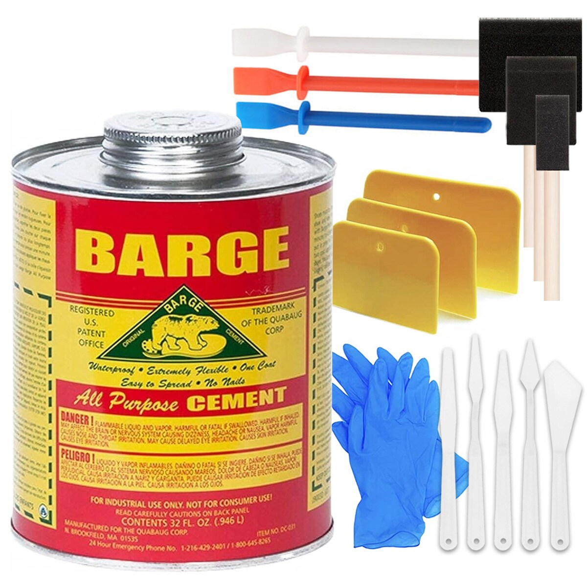 Barge Cement All Purpose (1 Qt) with Pixiss Accessory Kit - Cement Glue for Shoes, Boots, Soles, Leather, Rubber, Cosplay - Foam Sponge Brushes, Spreader Tools, Glue Applicators, and Plastic Squeegees