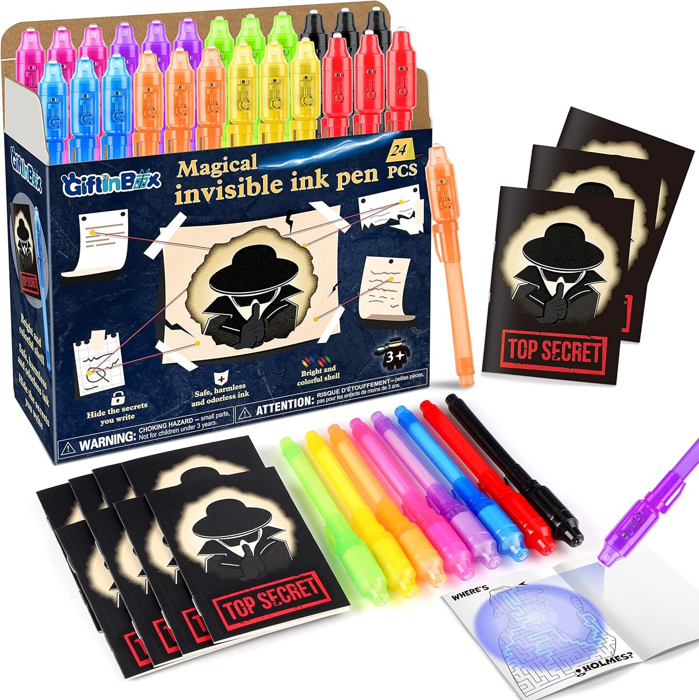 Invisible Ink Pens with UV light for Kids, Spy Pen Party Favors for Kids 8-12, 24Pack Invisible Ink Pen and Notebook, UV Pen for Secret Message Escape Room Birthday Party Favors for Kids 4-8