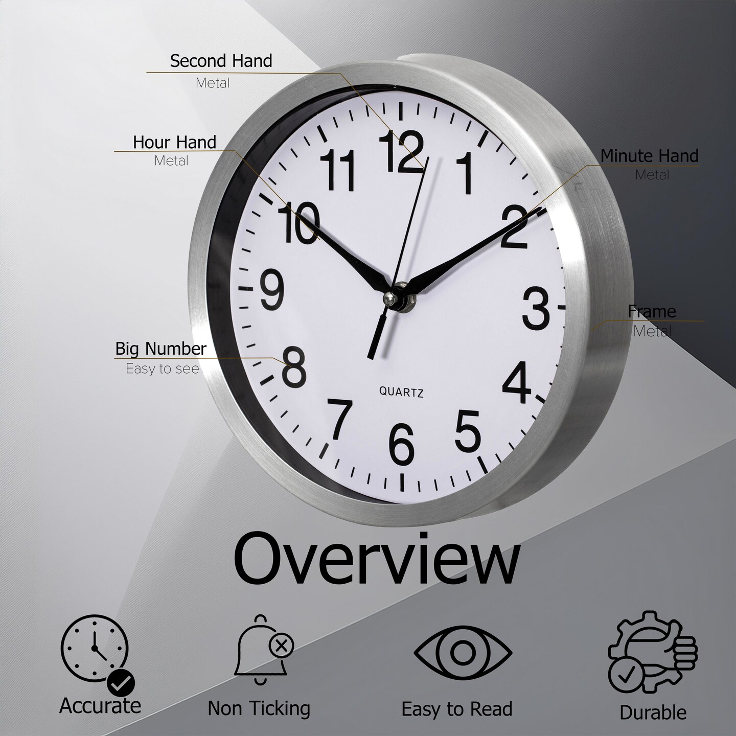 Clockswise Round Quartz Wall Clock Non-Ticking Battery Operated with Silent Sweep Movement, Aluminum Silver Frame, Perfect for Home Kitchen Office Living Room Study Hallway Classroom, Black Face
