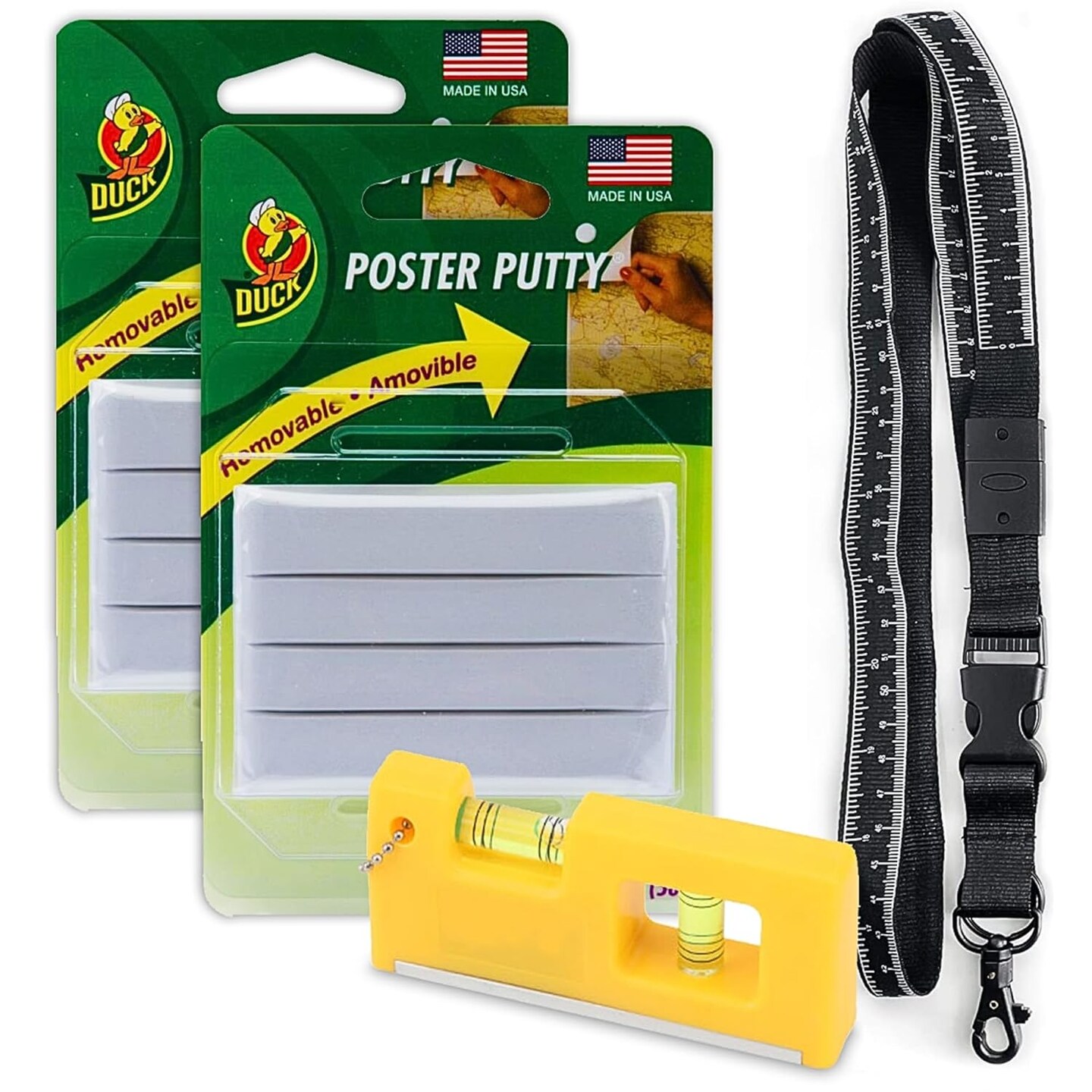 Duck Brand Wall Putty (2pk) with Measurement Lanyard and Leveler Tool - Sticky Tack and Pocket Level for DIY Home Projects, Classroom Decoration - Pixiss Lanyard with Measurements up to 31