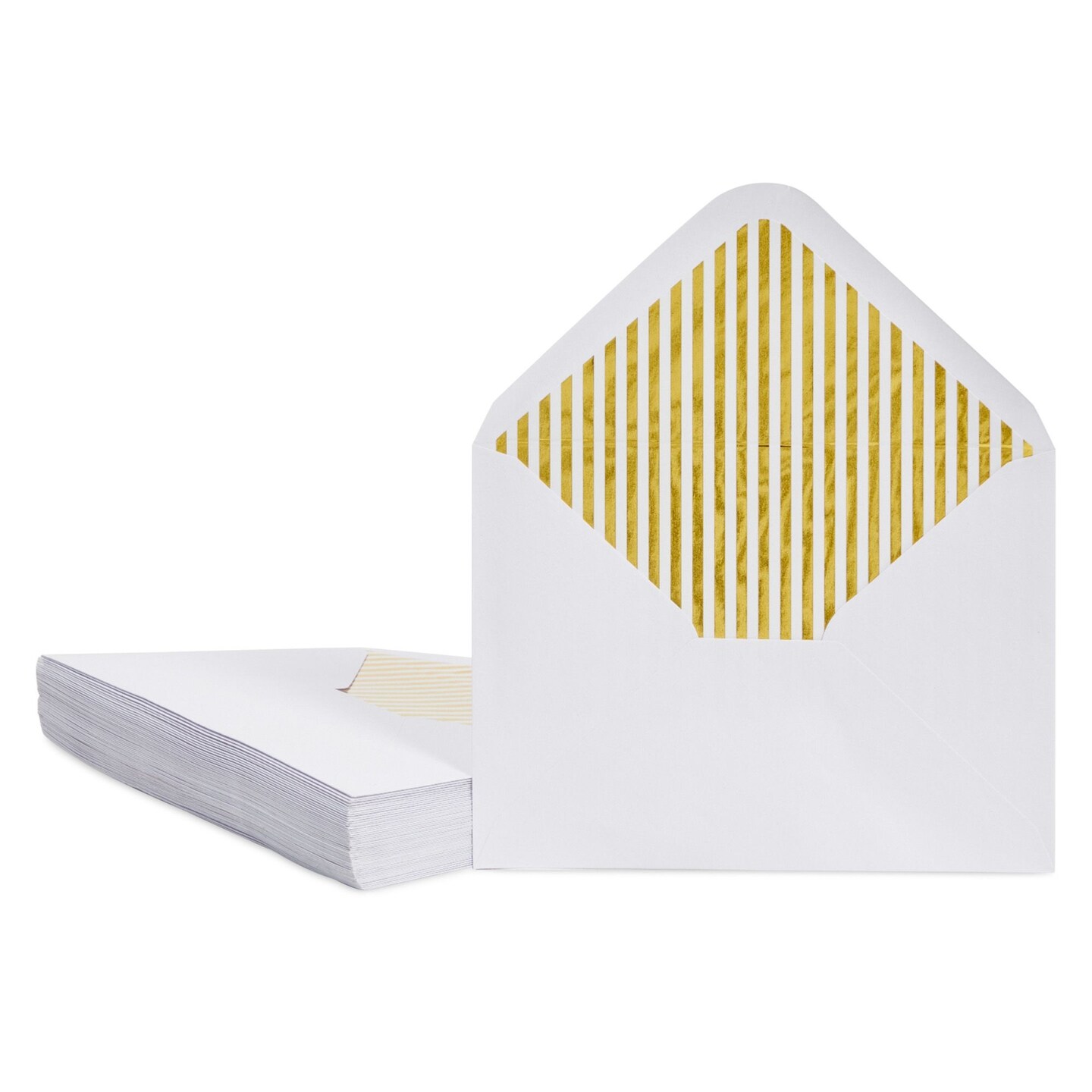 A7 Luxurious Envelope - 50-Pack Invitation Envelopes with Lined Gold Foil Stripes, 5x7 Gummed Seal V-Flap Invite Envelope for Wedding, Graduation, Birthday, 120gsm, 5.25x7.25 inches, White