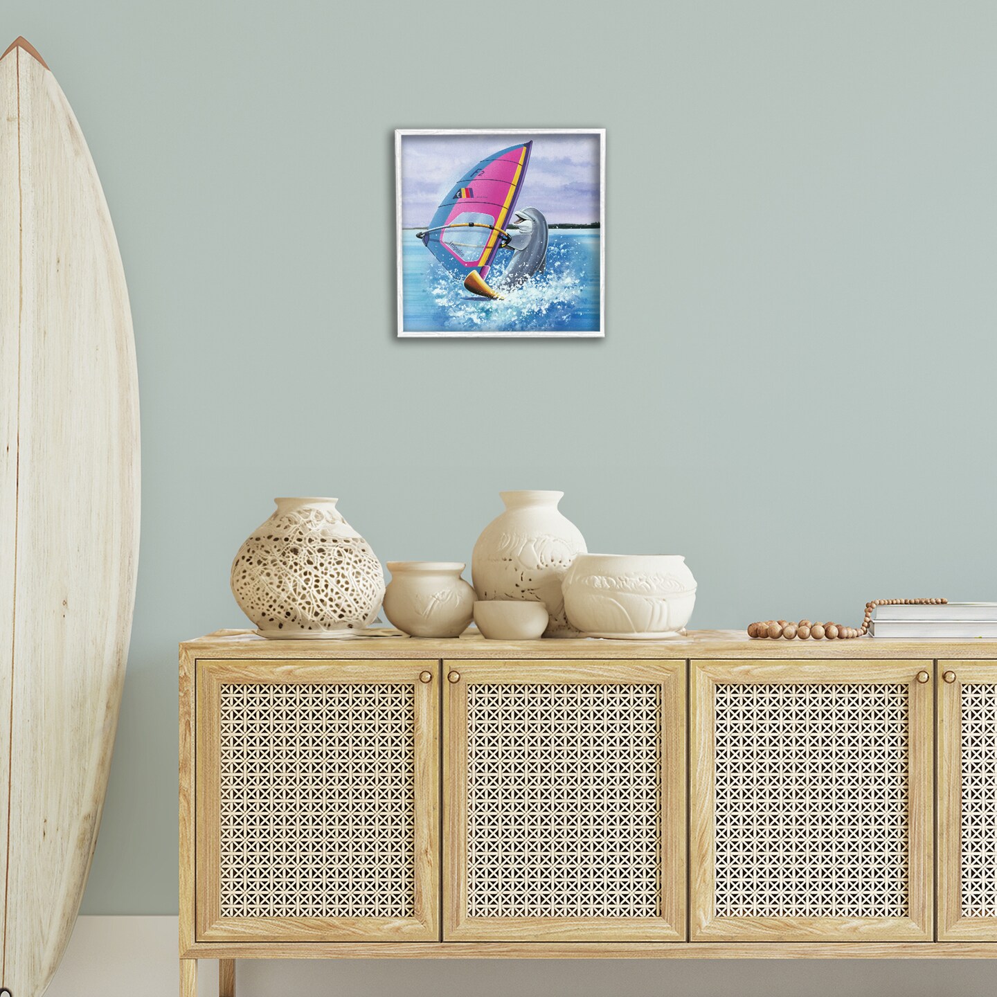 Stupell Industries Wind Surfer Dolphin Framed Giclee Wall Art Design by Art Brands Holdings, LLC.