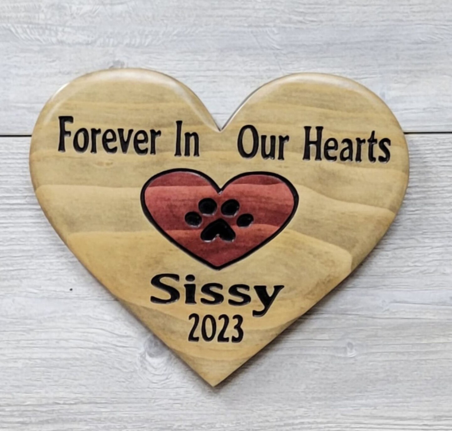 product name is Forever In Our Hearts, Dog Name and Date, Pet Memorial, Heart Shaped, Hand Carved Wooden Sign, Pet Loss Gift