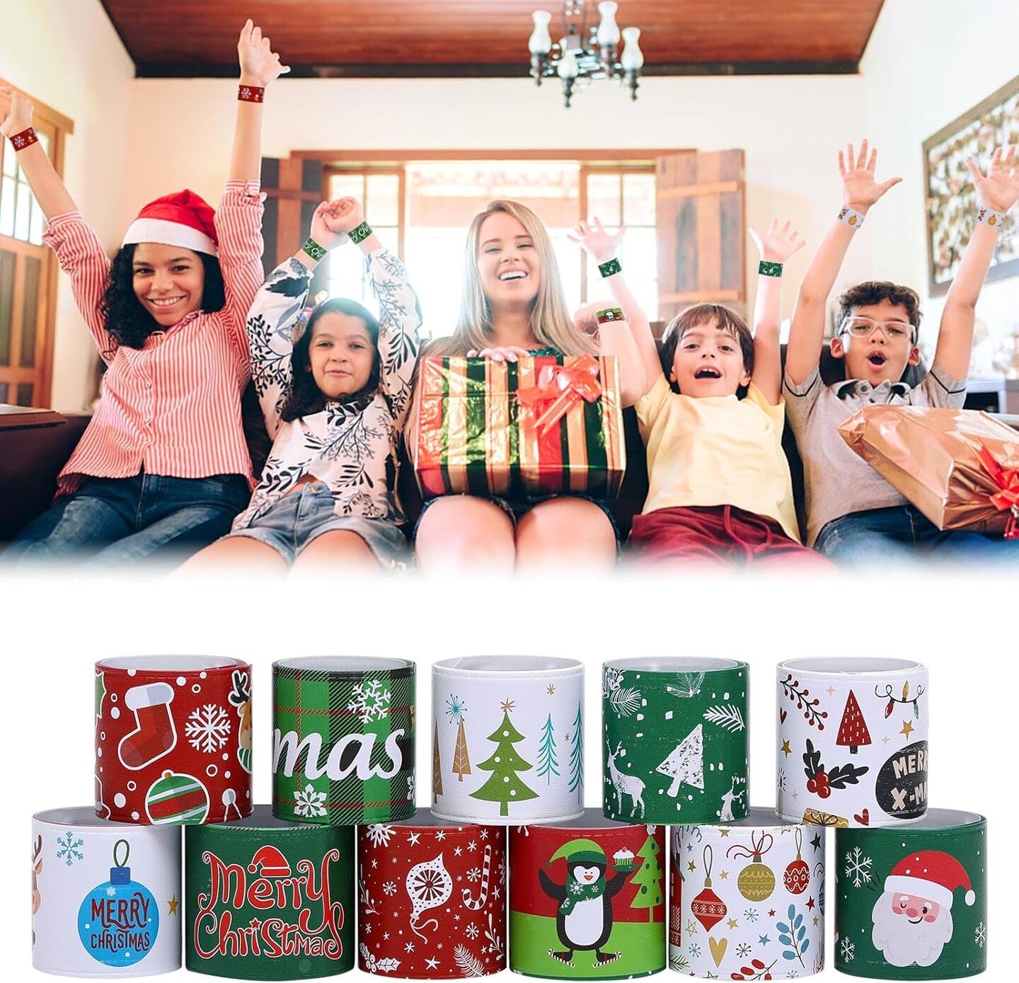 96PCS Christmas Slap Bracelets, Xmas Party Favor Decoration 24 Styles Santa Claus Reindeer Snowflake Snowman