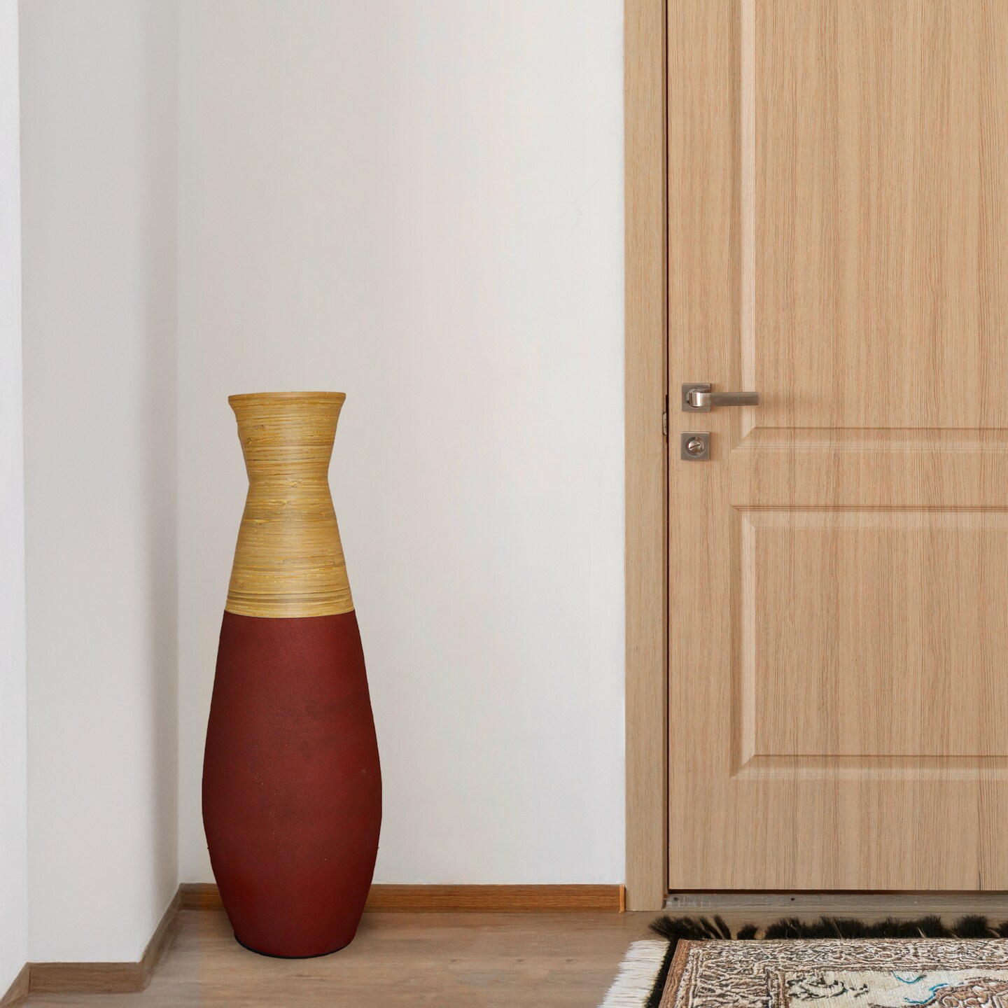 31.5 inch Tall Handcrafted Bamboo Floor Vase, Burgundy and Natural Finish, Decorative Accent, Large Floor Vase, Sustainable Bamboo, Living Room, Dining Room, Entryway Decor, Unique Home Accent