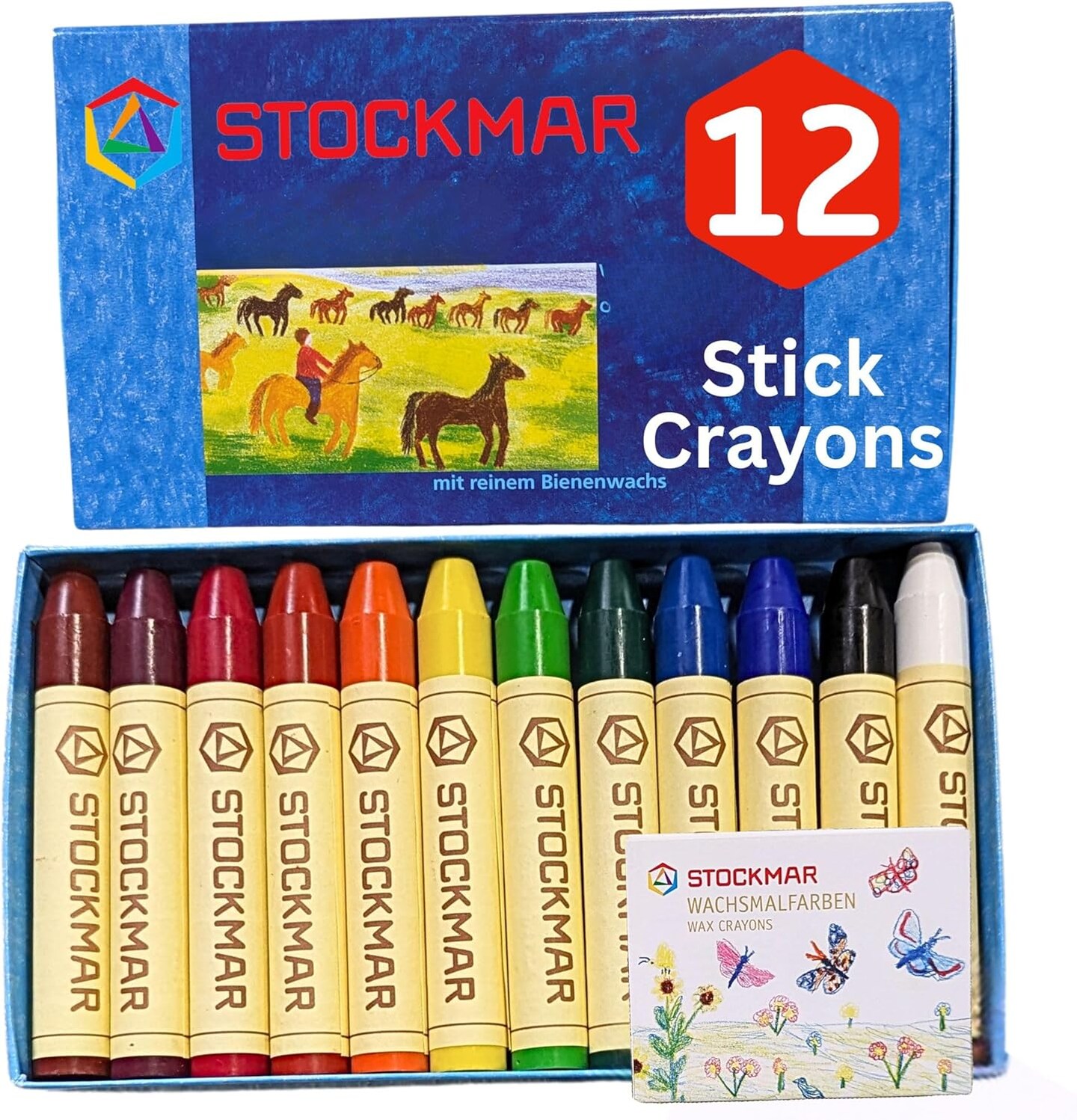 STOCKMAR Beeswax Stick Crayons - Set of 12 Jumbo Crayons -Non Toxic, Beeswax Crayons For Toddlers, Kids -Waldorf Homeschool -Waldorf Art Supplies- Includes Storage Box