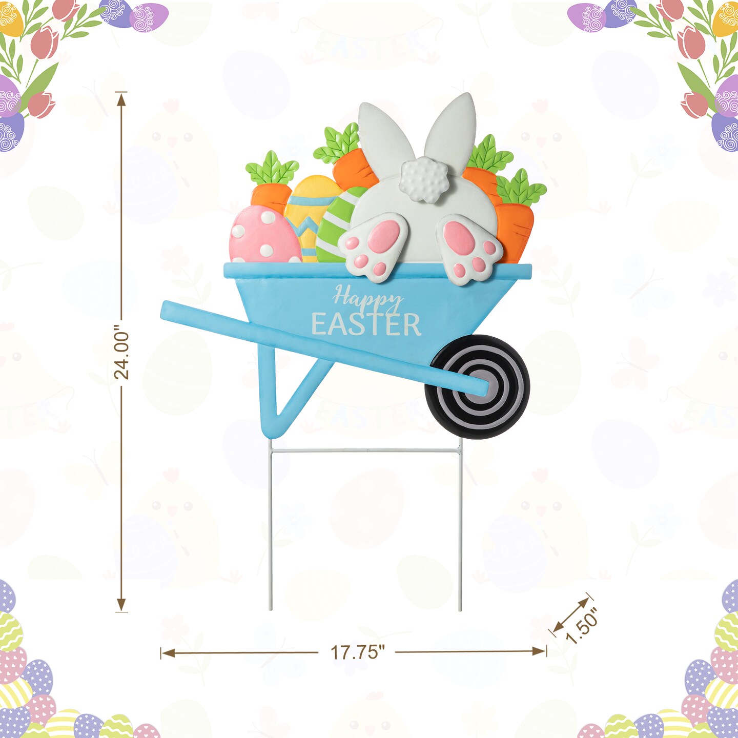 24&#x22;H Easter Metal Wheel Barrow Yard Stake(KD, Two Functions)