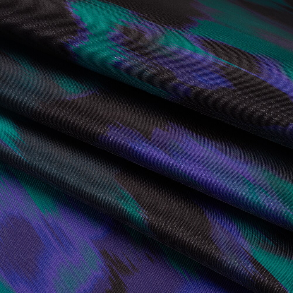 1 Yard Emerald, Black and Ultramarine Blue Ikat Floral Polyester Twill Print Fabric 56 Inch Wide