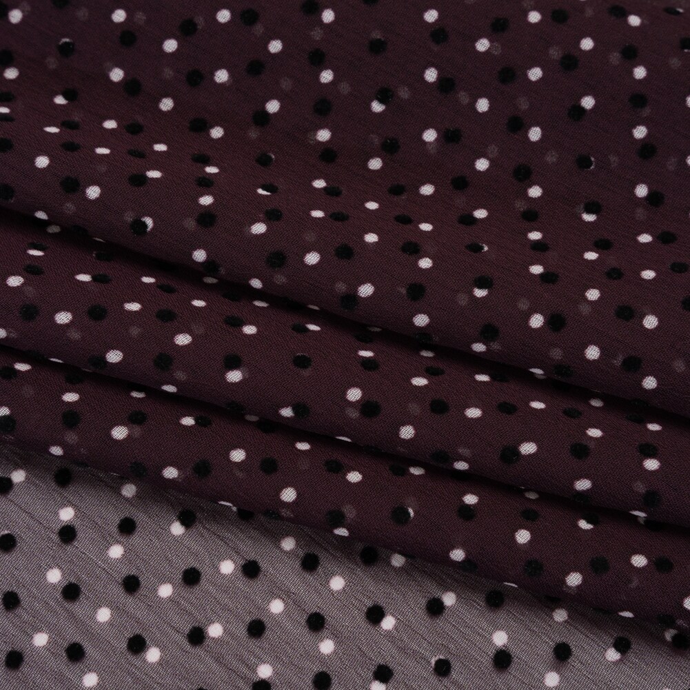 1 Yard Burgundy Crinkled Polyester Chiffon Flocked Dots Little Black & White Polka Dots 57 Inch Wide