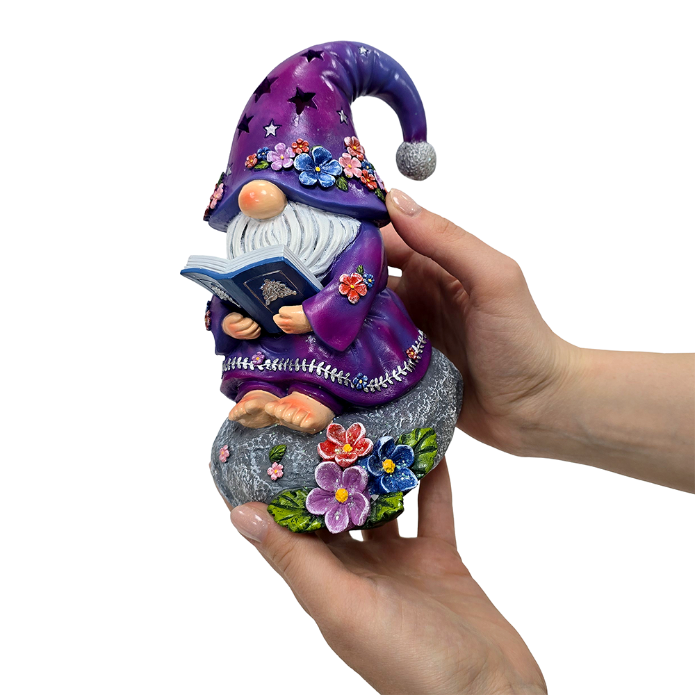 Enchanted Wisdom Solar Book Reader Gnome Figurine, 8" Lighted Lavender Purple Garden Statue