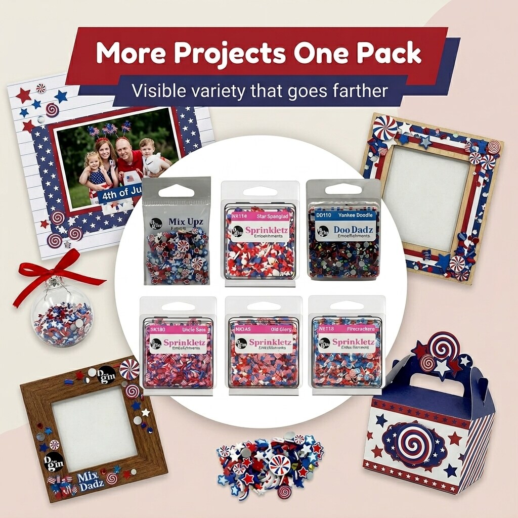 Patriotic Craft Embellishment Variety Pack – 6 Pack Red, White & Blue Polymer Clay Pieces, Gems, Beads & Rhinestones