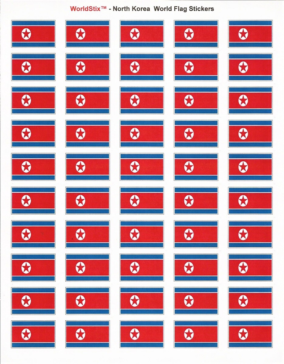100 Korea, North Flag Stickers, Two Sheets of 50, 1.5" x 1" Made in America Self Adhesive Country Flag Scrapbook Stickers, Two Sheets of 50, 100 Sticker Decal Flags
