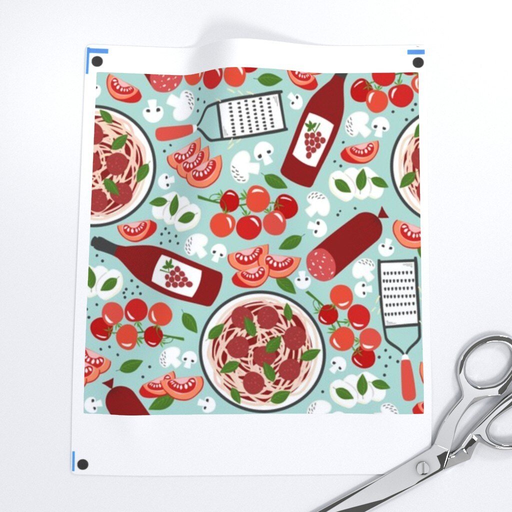 Italian Food Teal Red Pasta Tomatoes Spaghetti Wine Meatballs Chef Cooking Culinary Mushrooms Custom Printed Fabric by Spoonflower Various Fabrics by the Yard or Fat Quarter