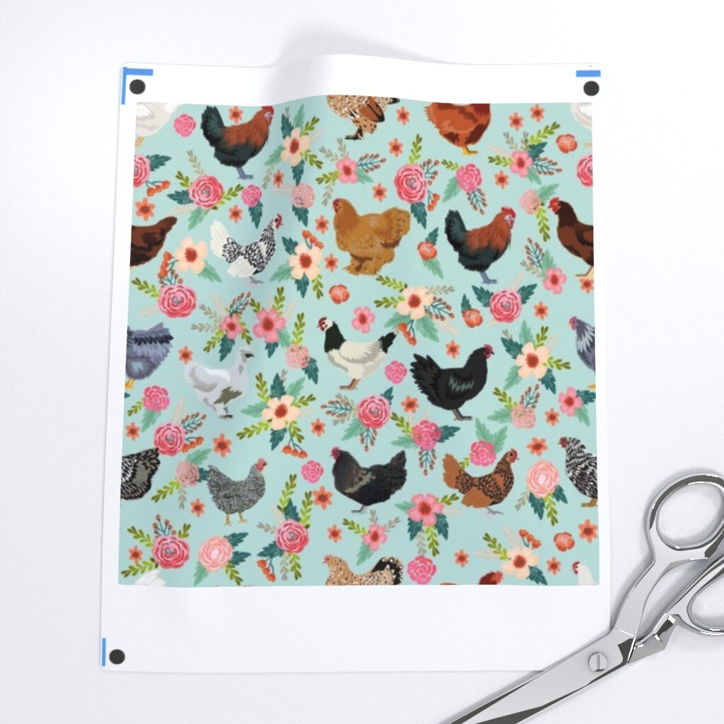 Chicken Breeds Floral Chickens Hen Hens Bird Birds Light Blue Farm Custom Printed Fabric by Spoonflower Various Fabrics by the Yard or Fat Quarter