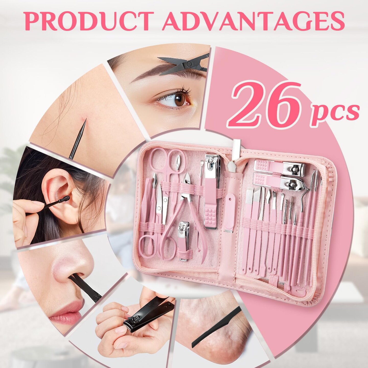 26-Piece Professional Manicure Set, Features Stainless Steel Tools, Carbon Steel Clippers & Travel Case for Women's Home and Travel Grooming,Mother's Day Gifts(Pink)
