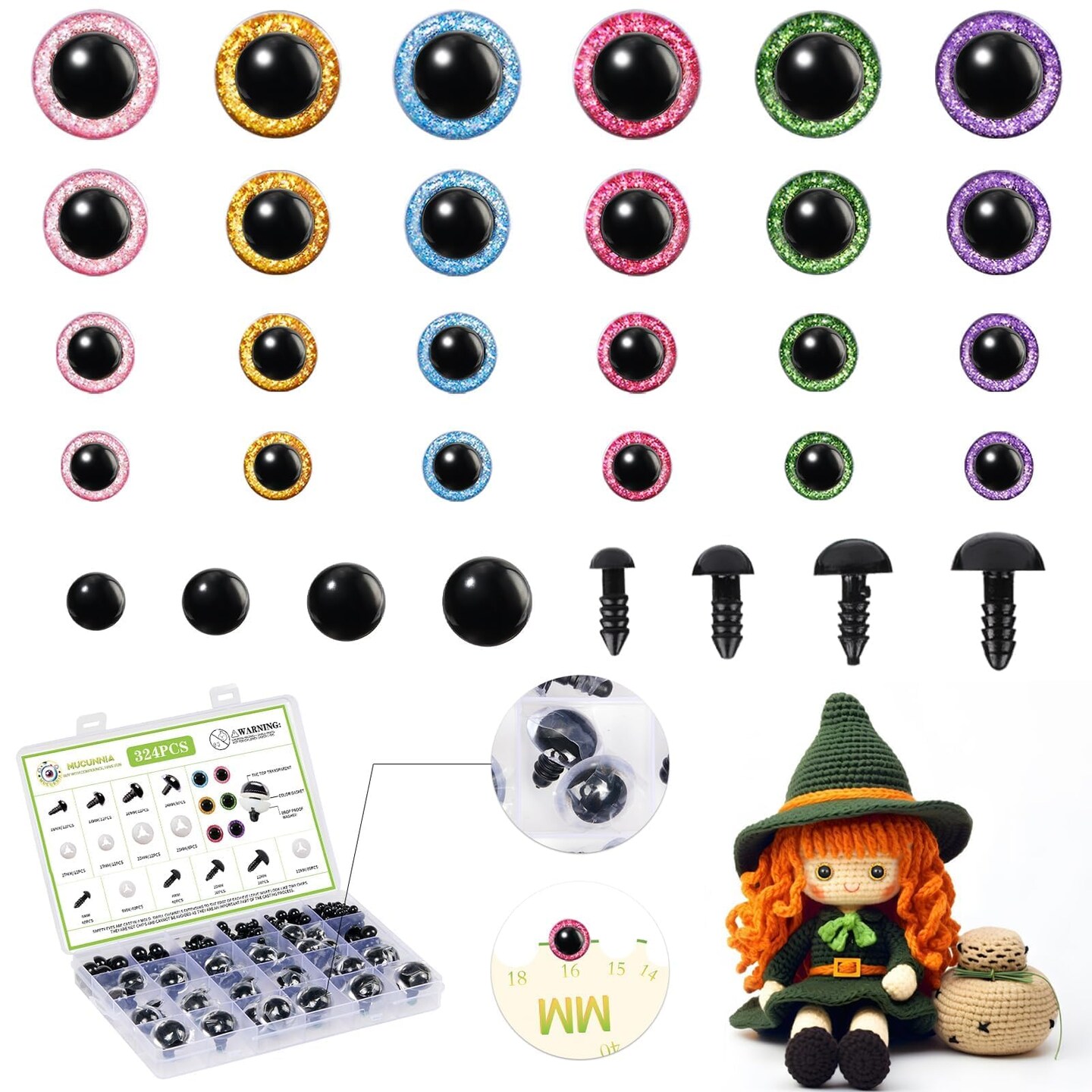 Upgraded Glitter Safety Eyes 324 Pcs 6-24mm Safety Eyes for Crocheting with Washers and Size Tools Large Crochet Safety Eyes for Amigurumi Gift for Crochet Lovers Halloween Decorations