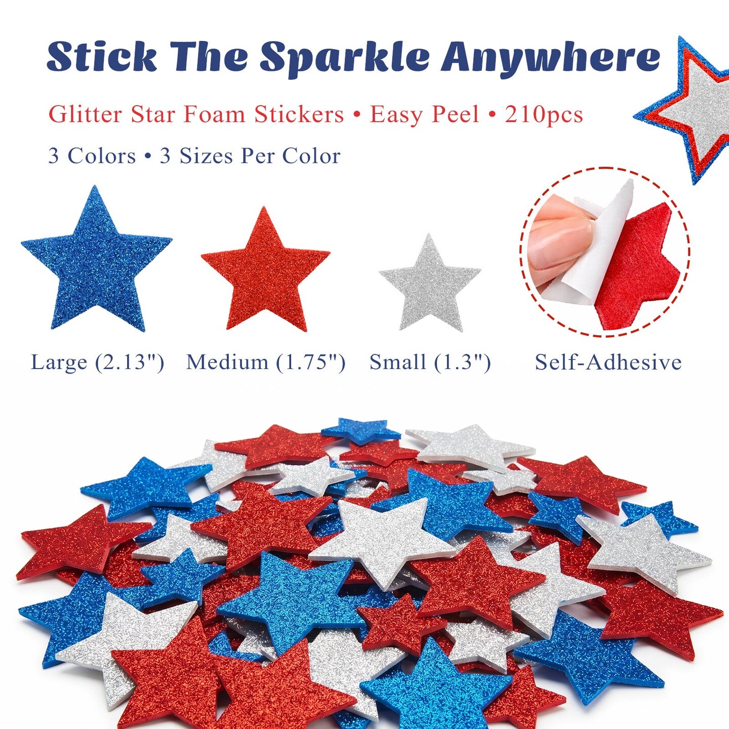 Wrapables Red White and Blue Glitter Self-Adhesive Foam Star Stickers, Patriotic Stickers for 4th of July, Memorial Day, Veterans Day, Independence Day (210pcs)