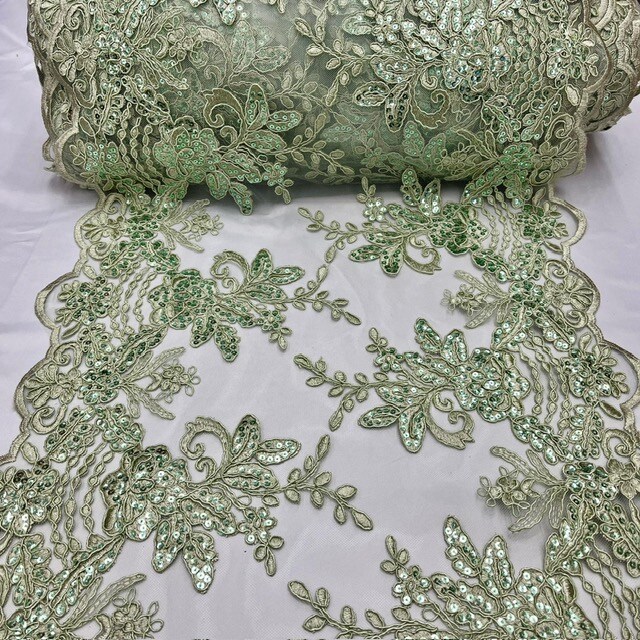 3 Yard Sage Sequin Lace Fabric Embroidered Mesh for Elegant Evening Gowns