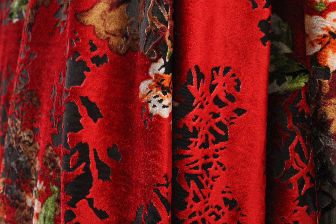 1 Yard 4-Way Stretch Red and Orange Floral Velvet Fabric Multipurpose