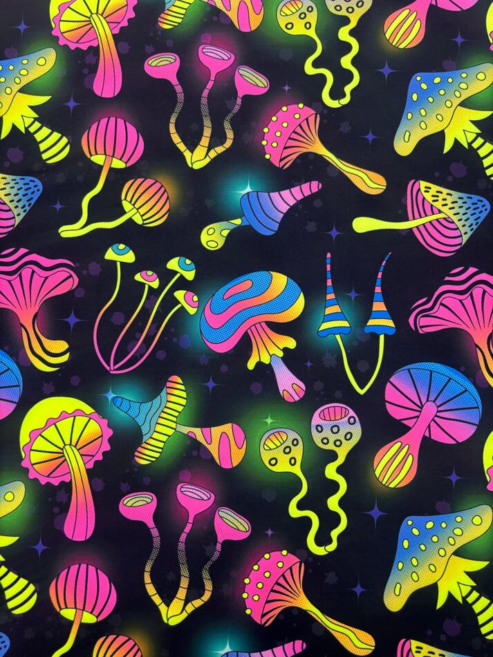1 Yard 80% Polyester 20% Spandex Black Trippy Mushroom Spandex Fabric for Costumes and Swimwear 58"/60" Width