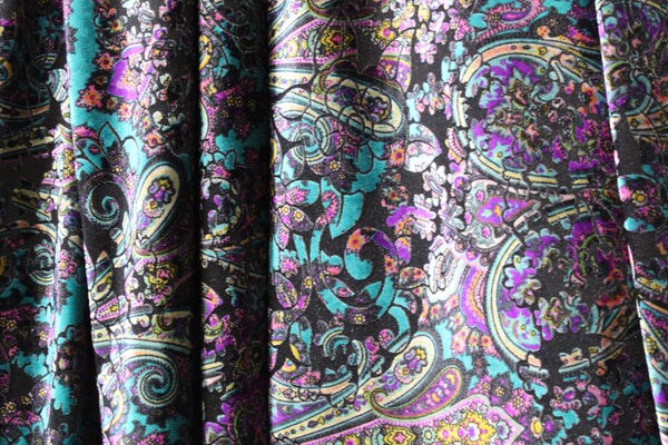 1 Yard 4-Way Stretch Teal and Purple Paisley Velvet Fabric Multipurpose