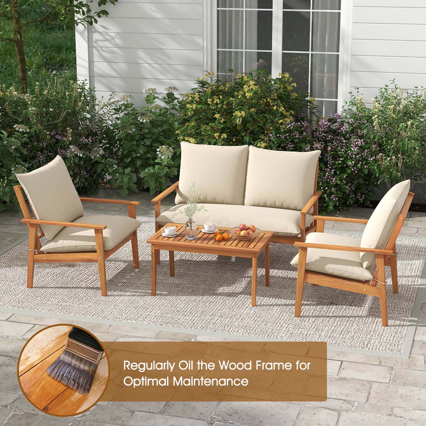 Costway 4 PCS Acacia Wood Patio Furniture Set with Soft Cushions and Coffee Table