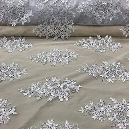 1 Yard White Sequin Lace Fabric with Embroidered Mesh and Scalloped Double Border 54" Width