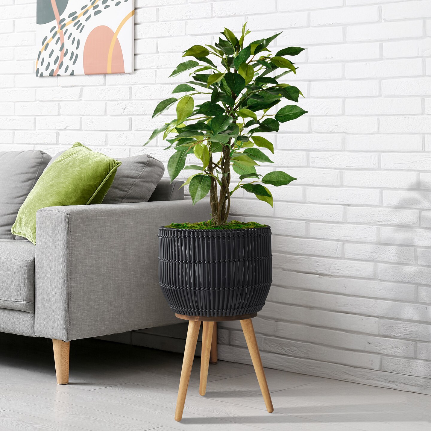 Casafield Indoor Planter with Stand, Floor Planter with Wood Legs, Large Plant Pot Cover Basket with Liner for Houseplants, Flower Pots and Trees