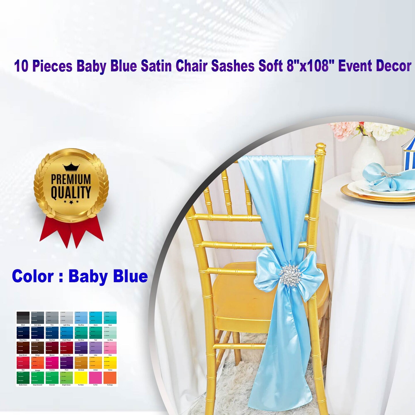 10 Pieces Baby Blue Satin Chair Sashes Soft 8&#x22;x108&#x22; Event Decor