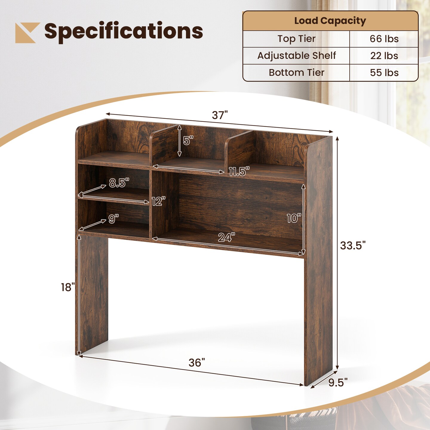 Desktop Bookshelf with Adjustable Shelves Open Compartment 37 Inch