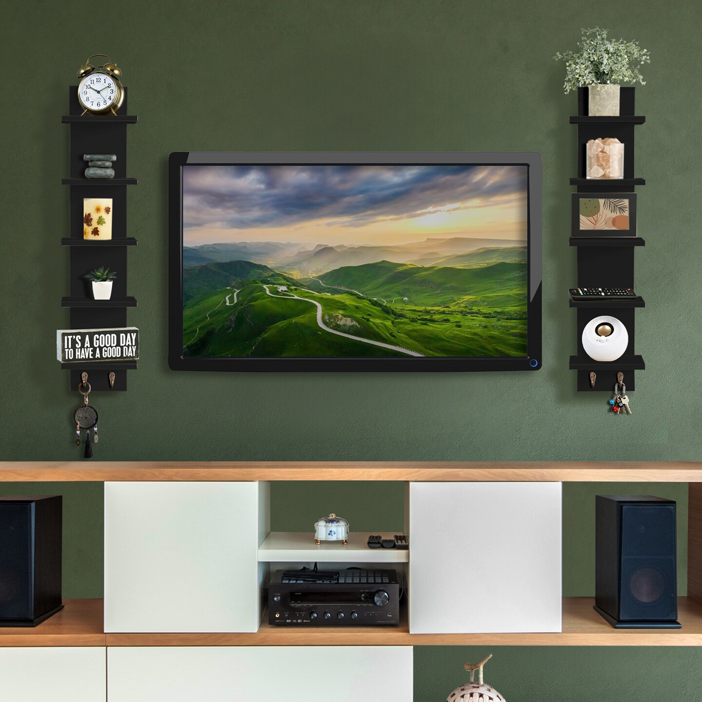 Sorbus 5 Tier Wall Shelf Unit with Hooks Set of 4, Wall-Mounted Column Utility Shelving for Home Decor and Storage Organizer