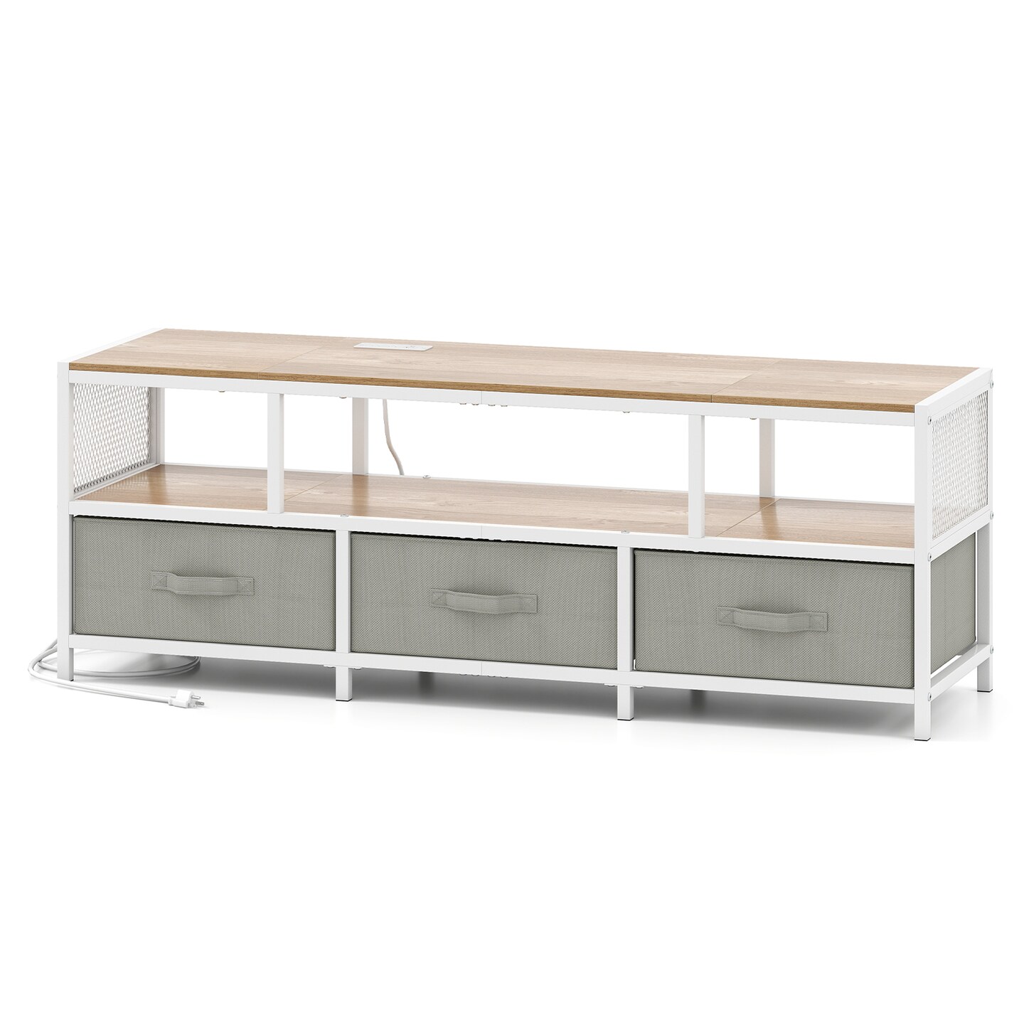 TV Stand with Charging Station, Metal Frame and Storage Drawers
