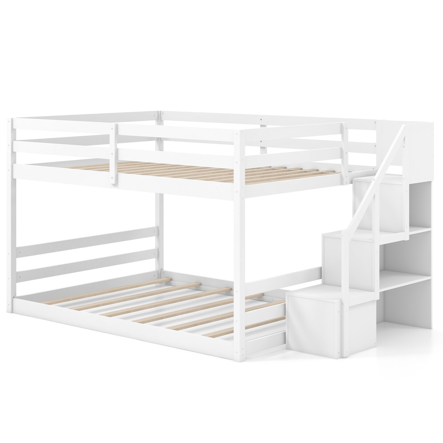 White Wooden Full Over Full Bunk Bed with Storage Steps Low Height Design for Kids Bedrooms