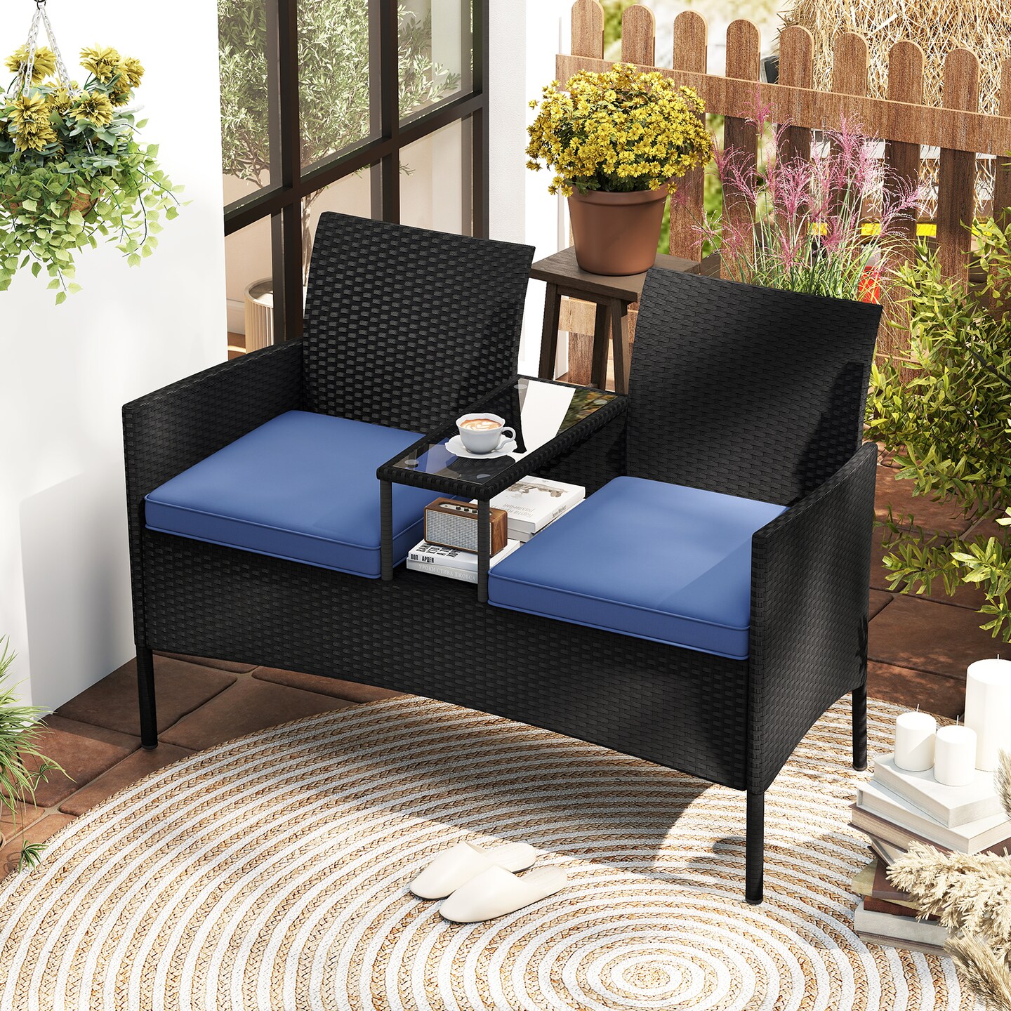 Black PE Rattan Loveseat with Cushions, Built-In Coffee Table and 2-Tier Storage