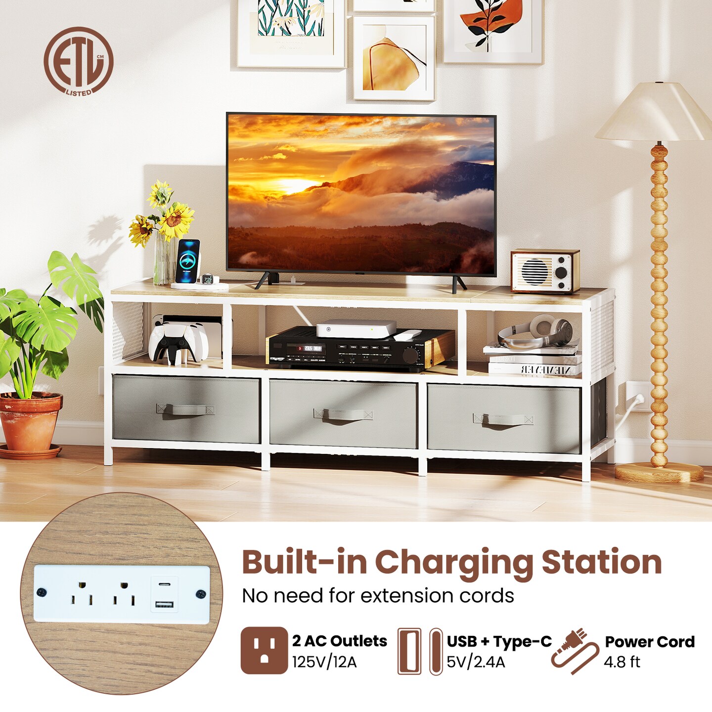 TV Stand with Charging Station, Metal Frame and Storage Drawers
