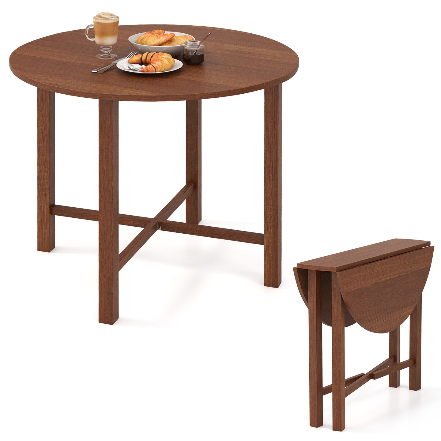 Rubber Wood Extendable Round Dining Table with Double Drop Leaf and Foldable Legs