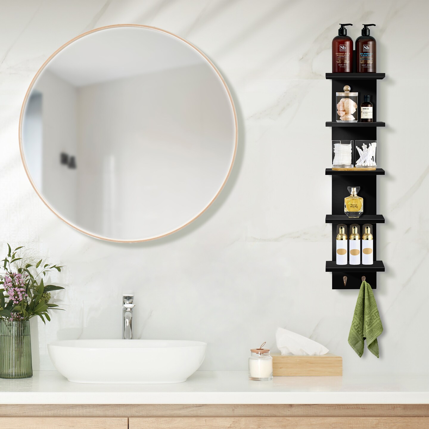 Sorbus 5 Tier Wall Shelf Unit with Hooks, Wall-Mounted Floating Column Utility Shelving for Home Decor and Storage Organizer