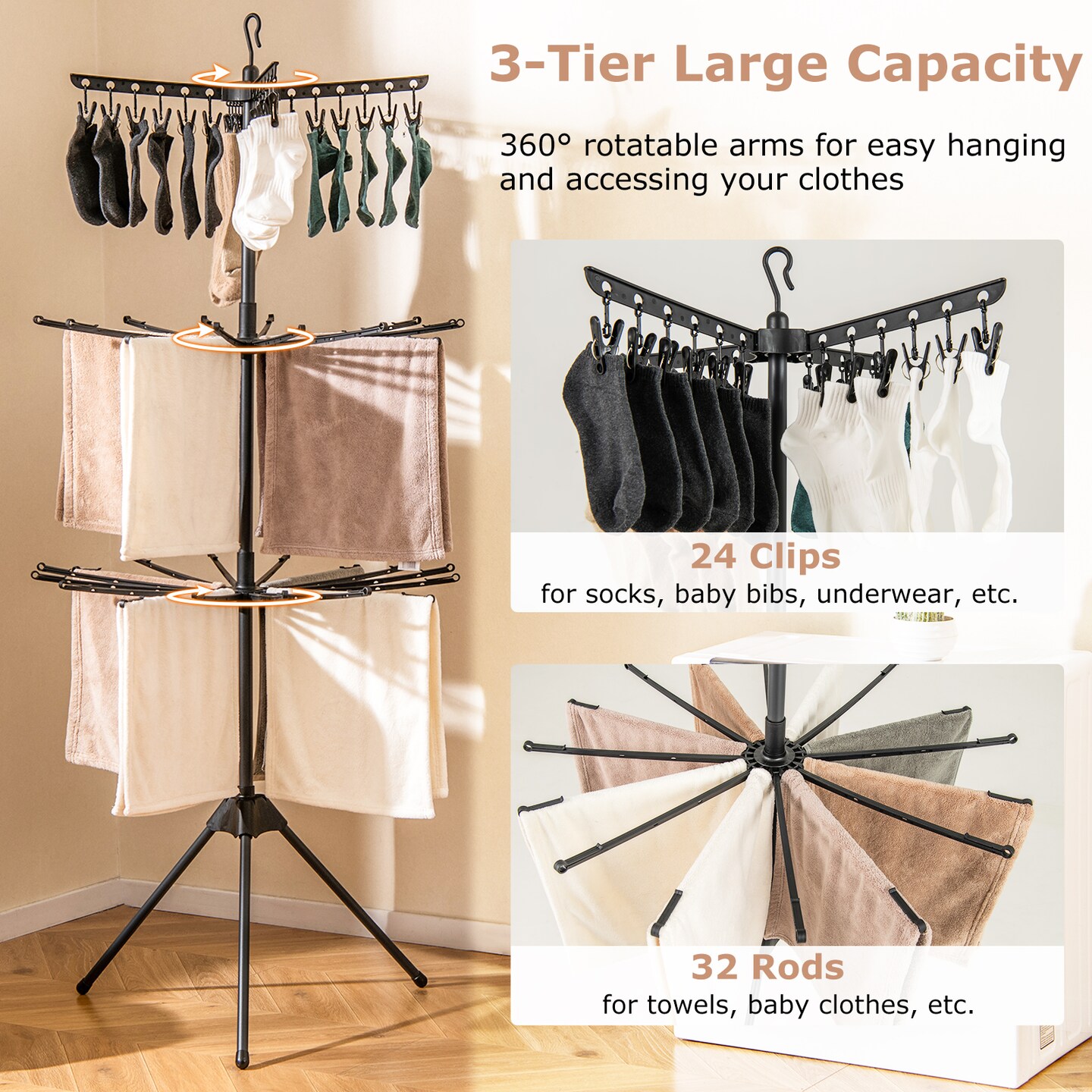 Freestanding 3-Tier Drying Rack with 24 Clips and Rotating Arms Perfect for Laundry Rooms or Balconies