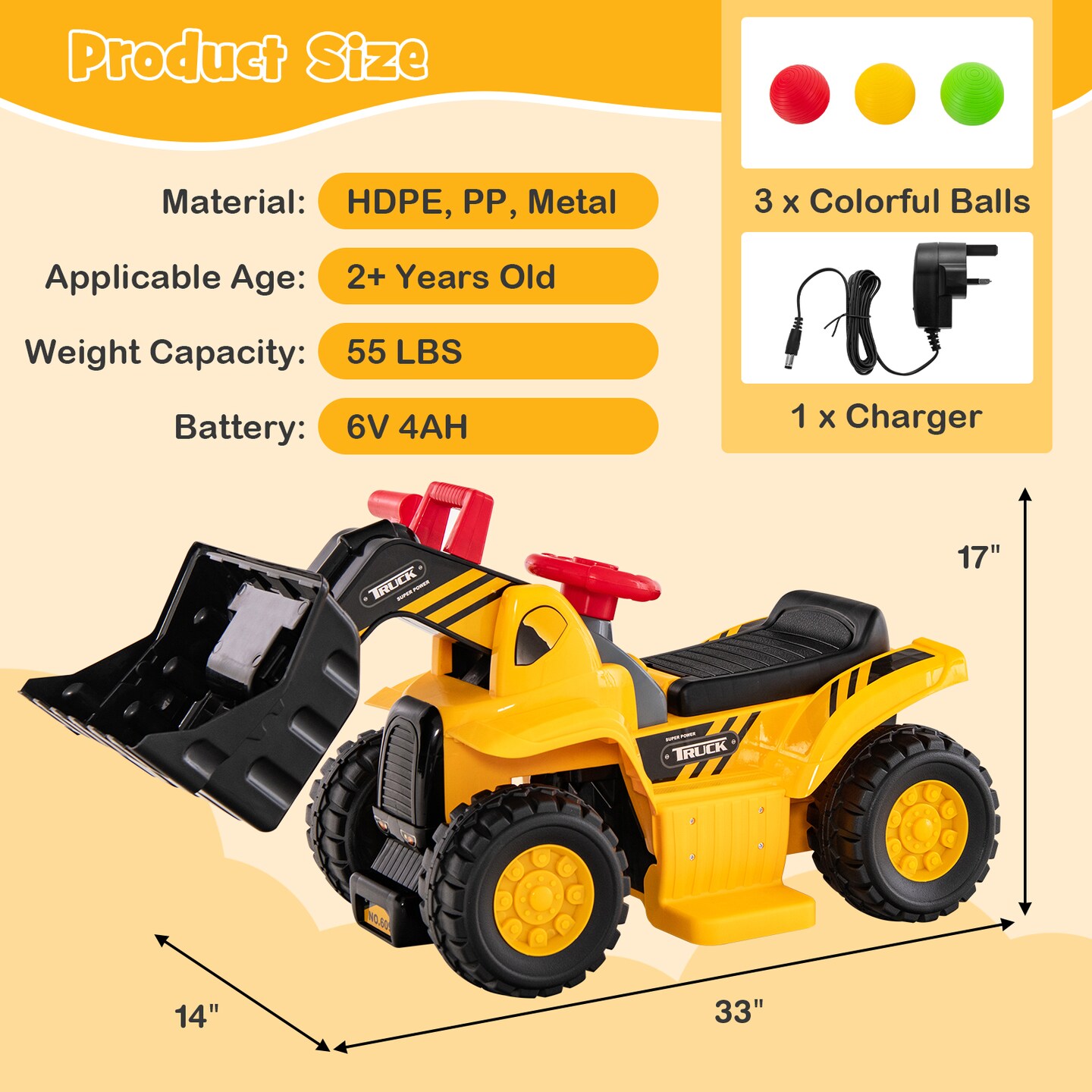 6V Kids Ride On Bulldozer with Folding Basketball Hoop and Balls