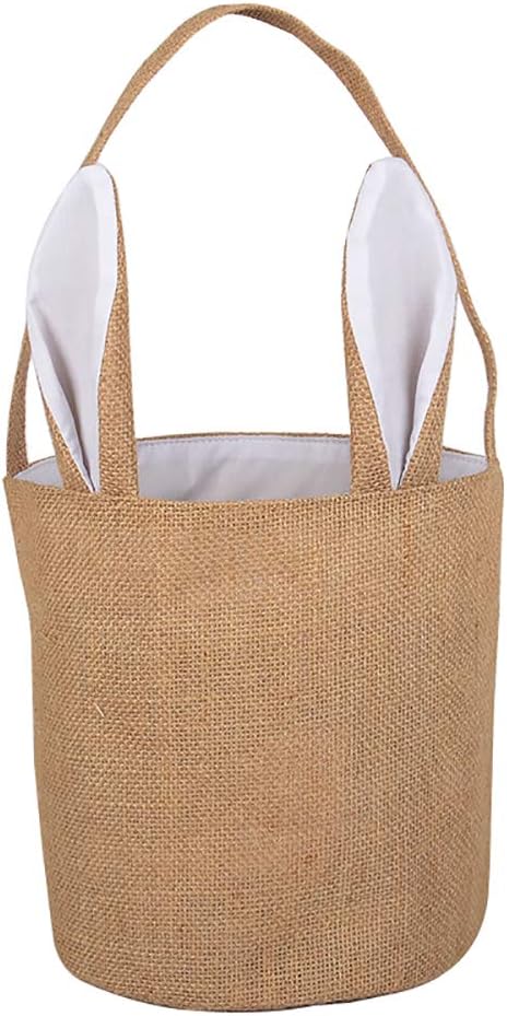 3 Pack Easter Bunny Baskets Jute Burlap Easter Bags with Ears Stand Up 8 x 8 x 9 Inch