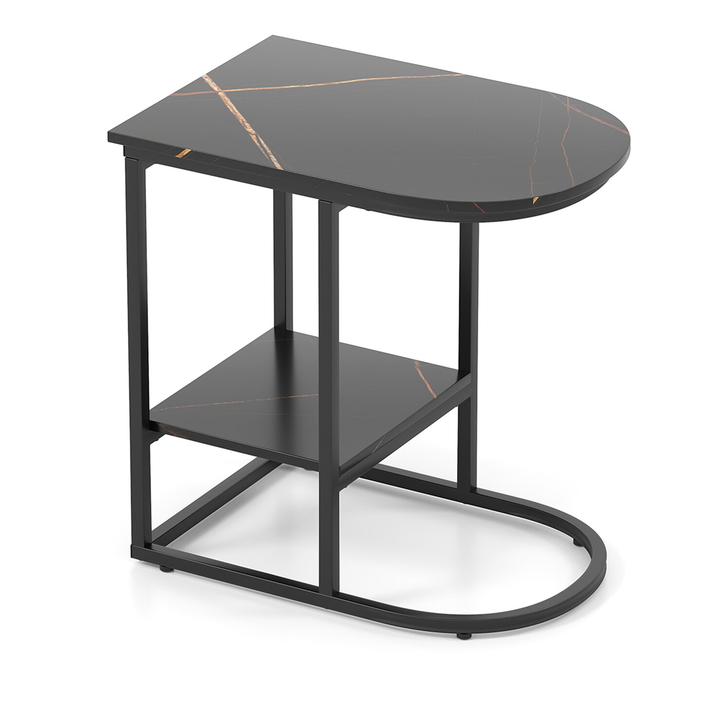 Modern C-shaped Side Table with Faux Marble Top and 2-Tier Storage Shelf