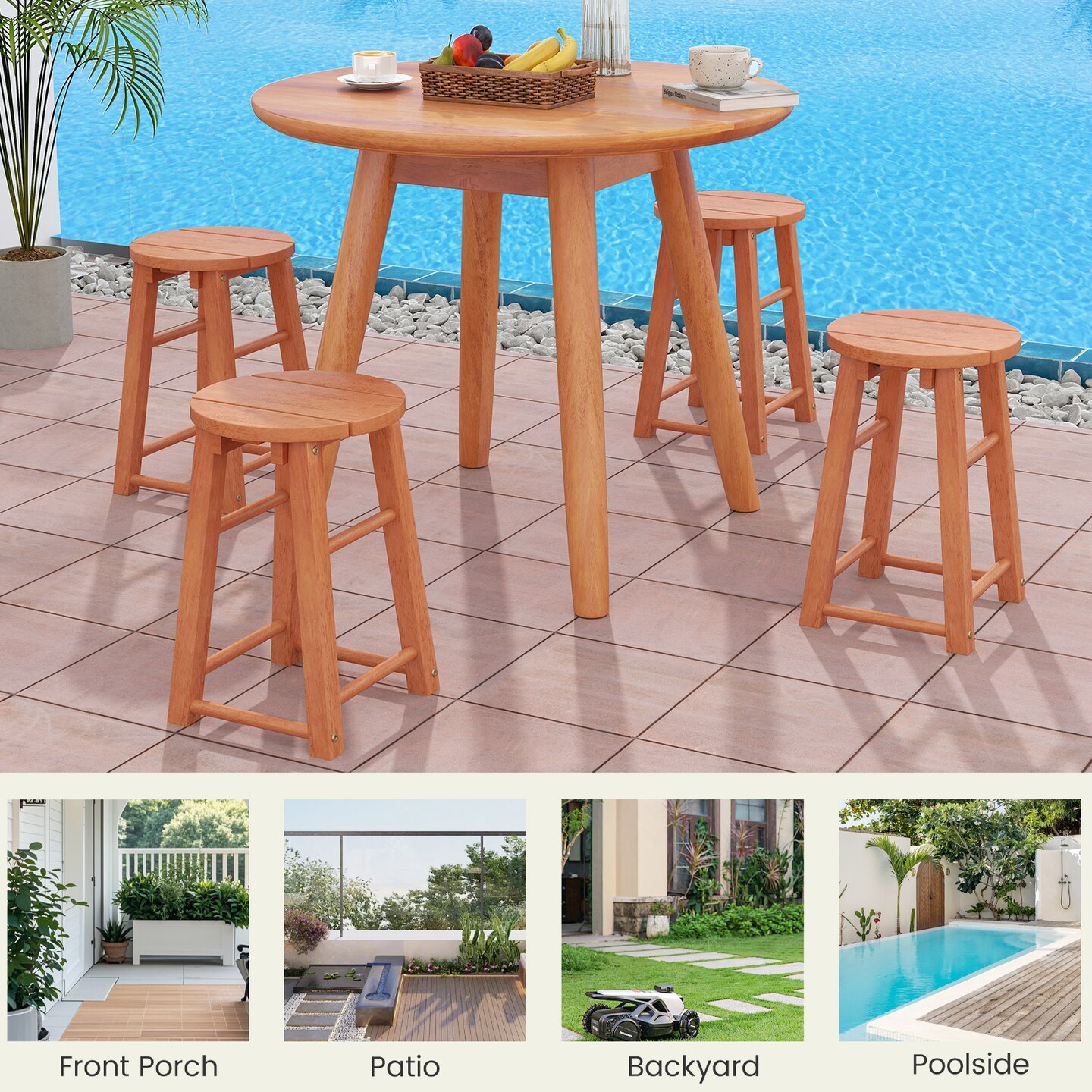 18-Inch Outdoor Wood Bar Stools Set of 2 with Round Seat and Footrest