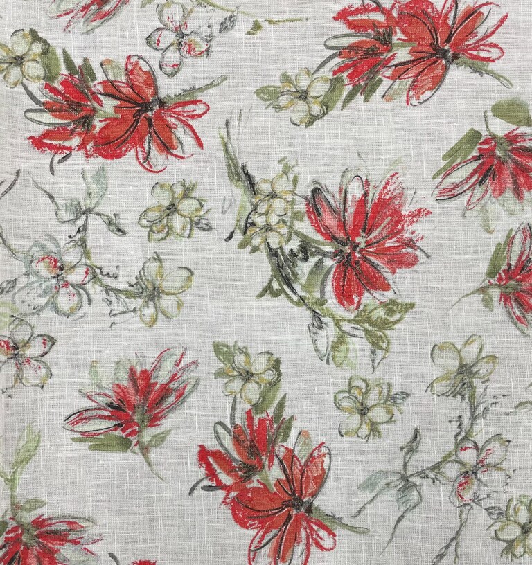 1 Yard Red Artistic Daisy Printed Linen Vibrant Sewing Fabric 58" Width