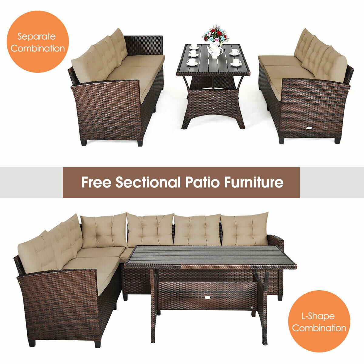 3 Pcs 6 Seats Rattan Dining Set Patio Furniture Sofa with Cushions