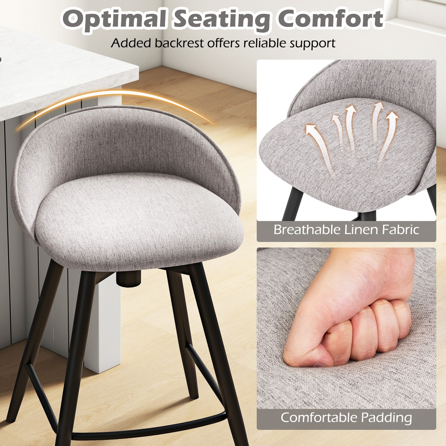 Set of 2 Upholstered Bar Stools with Footrest and Backrest for Kitchen Island