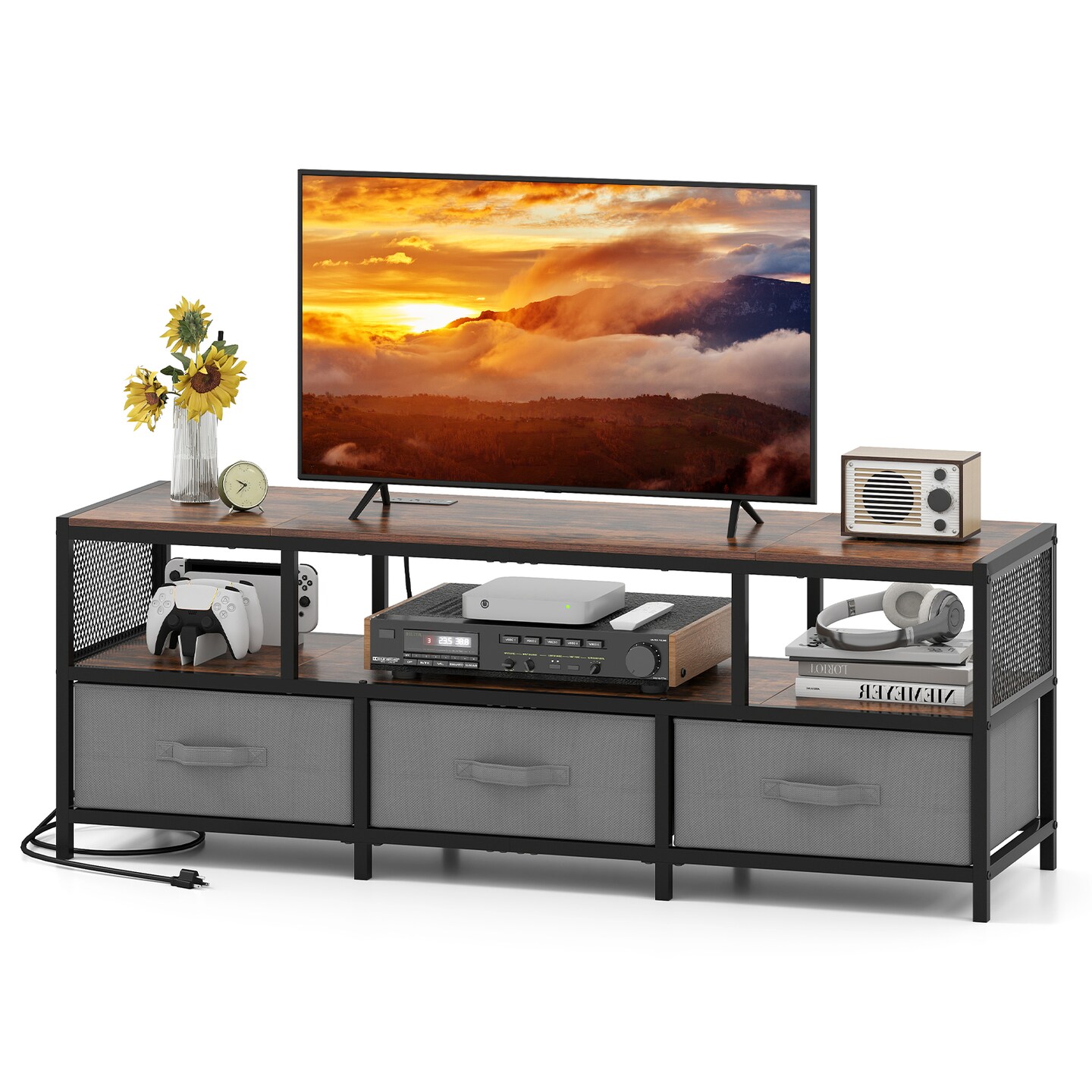 TV Stand with Charging Station, Metal Frame and Storage Drawers